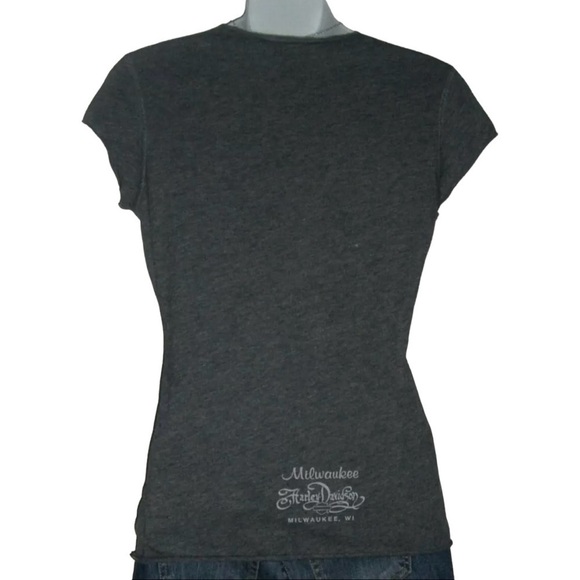 Almost Vintage Harley-Davidson Shirt Butterfly Rhinestone y2k Baby Tee Gray 2007 - Picture 4 of 12